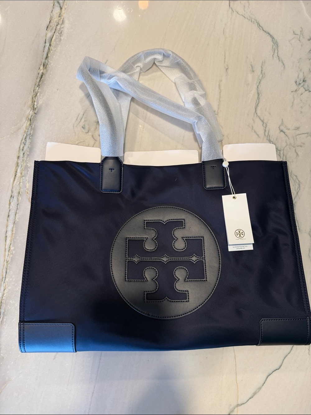 Tory Burch Navy Nylon Tote with Black Logo Patch